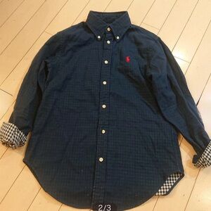 VTG Ralph Lauren Shirt Navy Blue Button Down Red Pony Oxford W/ Plaid Inside